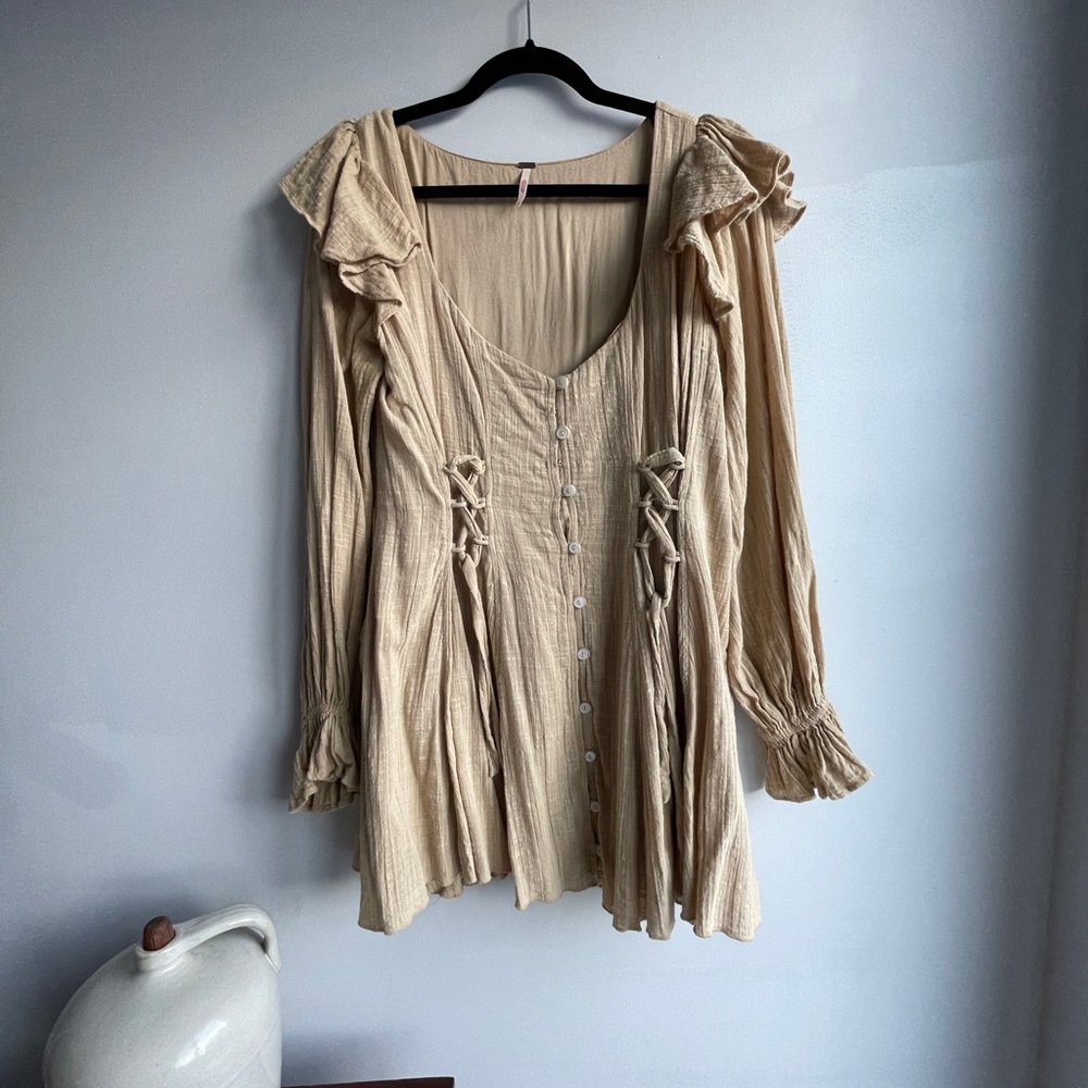 Free People Beige Romantic Peasant Mini Dress Size Small
